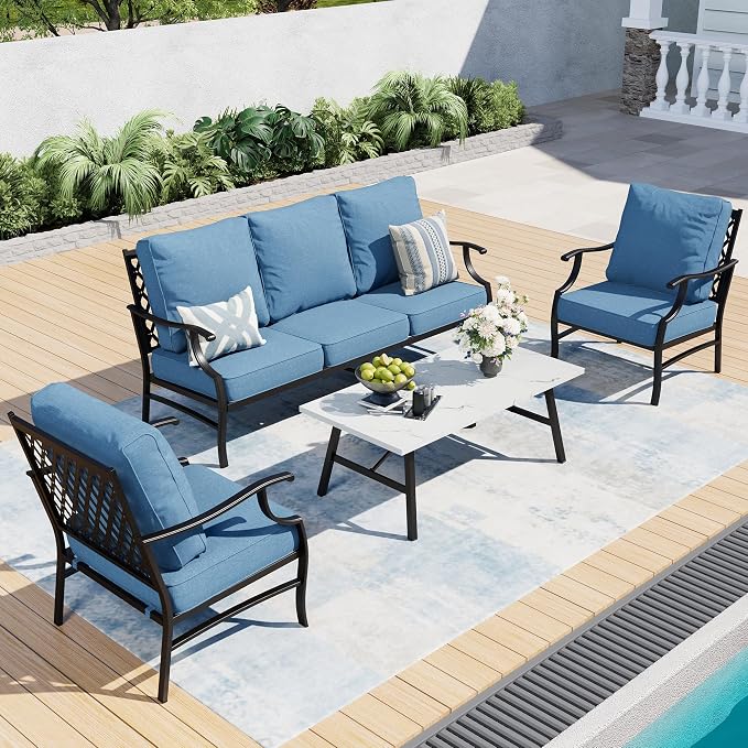 SUNSHINE VALLEY 4 Piece Metal Outdoor Patio Furniture Sets, Patio Conversation Sets 1 3-seater Sofa, 2 Fixed Chair with 5.75" Extra Thick Cushion and Coffee Table, Black Frame Backyard Furniture, Navy