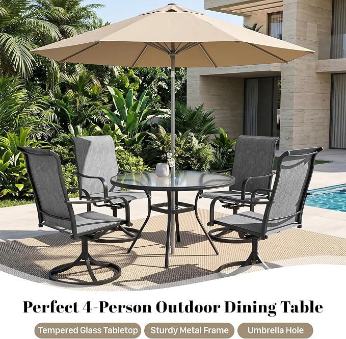 Glass Dining Table, 40" Outdoor Round Patio Table with Steel Base & 1.7" Umbrella Hole, Black Frame