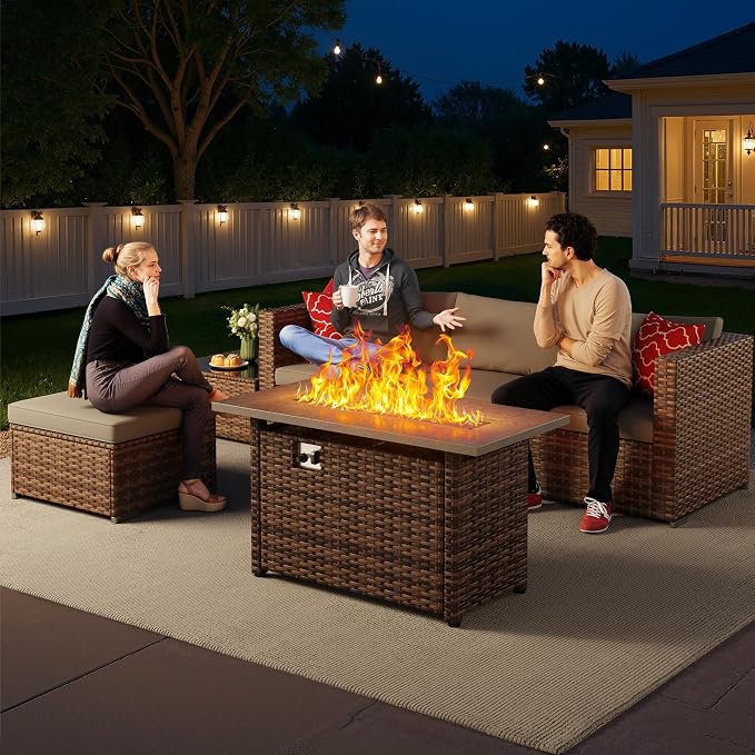 Aiho 6 Piece Outdoor Patio Furniture Set with 45'' Fire Pit Table, Wicker Outdoor Conversation Set Sectional Sofa with Coffee Table for Backyard, Poolside, Garden, Grey