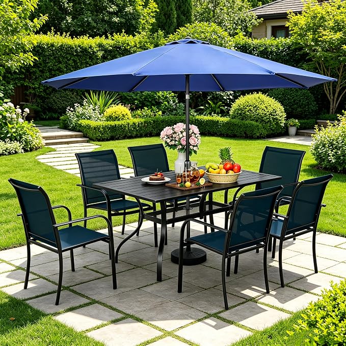SUNCROWN 8 - Piece Outdoor Dining Set, Patio Furniture Set with 6 Textilene Dinning Chairs, 1 Rectangle Metal Table and 1 Dark Blue 9Ft Patio Umbrella for Lawn Garden Backyard Deck, Blue