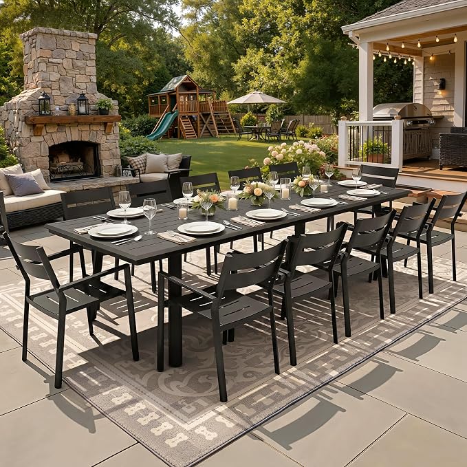 13-Piece Outdoor Patio Dining Set with Stackable Armchairs | 116" Aluminum Rectangular Table Rust-Proof with Umbrella Hole for Large Family Gatherings, BBQs, Parties, Black