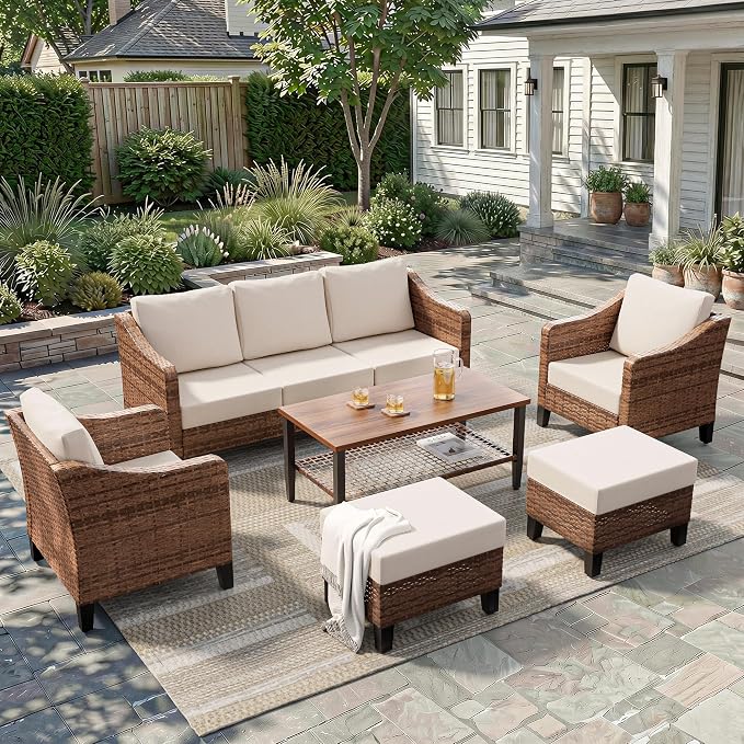 6-Piece Patio Conversation Sets, Outdoor Sectional Sofa with Ottoman & 2-Tier Coffee Table, Modular Wicker Furniture for Backyard, Garden