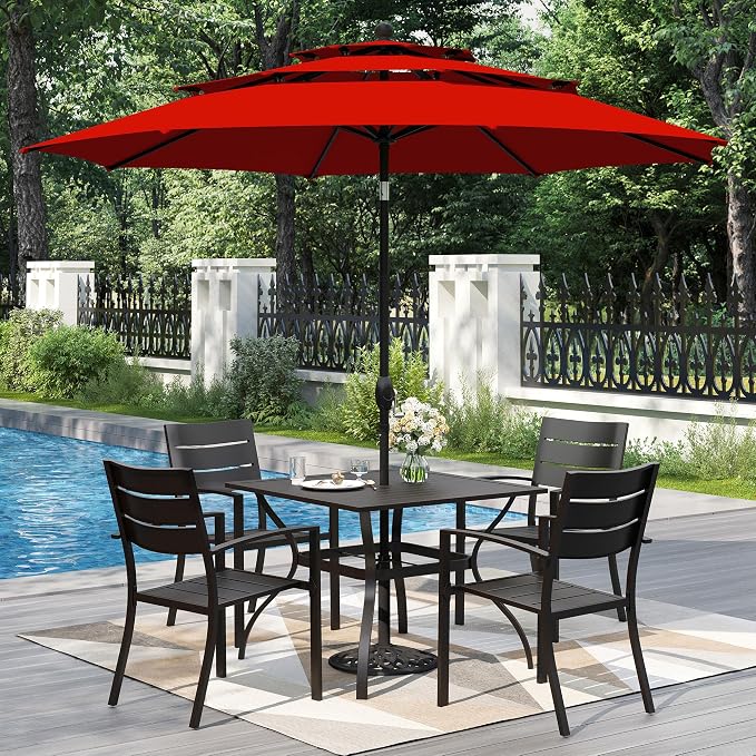 PHI VILLA 5 Pieces Outdoor Dining Set with Umbrella for 4 | 37" Square Metal Steel Table & Stacking Wrought Iron Chairs & 3-Tier Red Umbrella, Outside Furniture Set