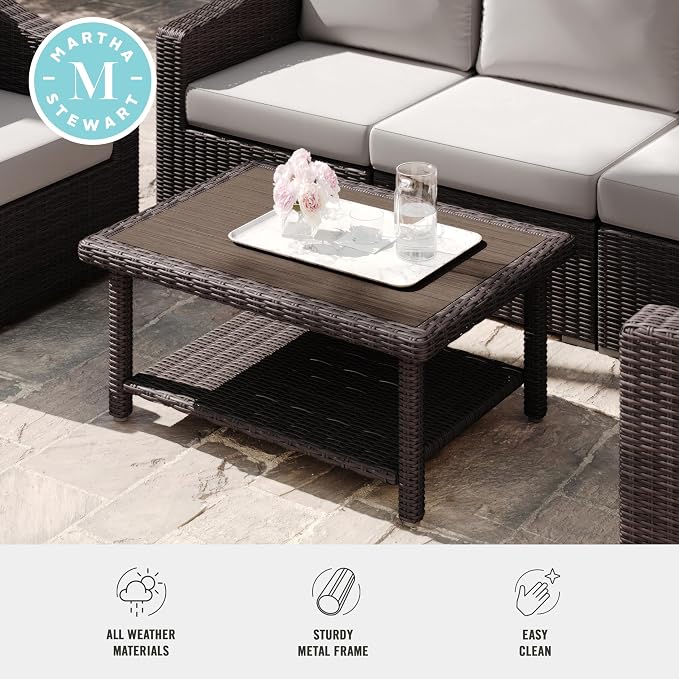 Martha Stewart Bedford Indoor-Outdoor Patio Coffee Table with Lower Shelf, Faux Wood Top, and Rattan Wicker Finish in Brown