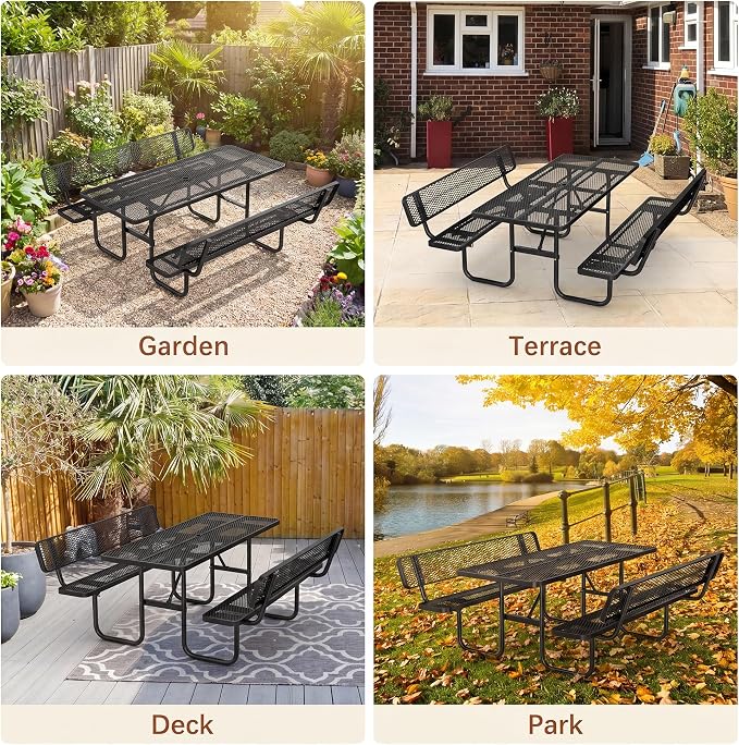 72" Rectangular Metal Picnic Table with Backrest, Commercial Steel Picnic Tables with 1.73" Umbrella Hole, Heavy Duty Picnic Tables for Outdoor Garden Courtyard BBQ, Black