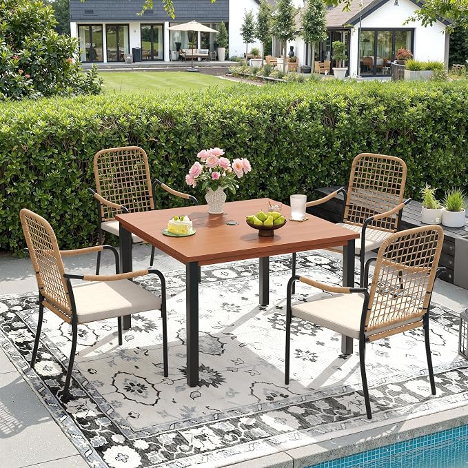 DIFY 5 Pieces Outdoor Dining Set, Metal Patio Table and Chairs Set for 4, 40.2" Square Dining Table with Umbrella Hole & Wicker Stackable Patio Chairs with Cushions, Walnut Tabletop
