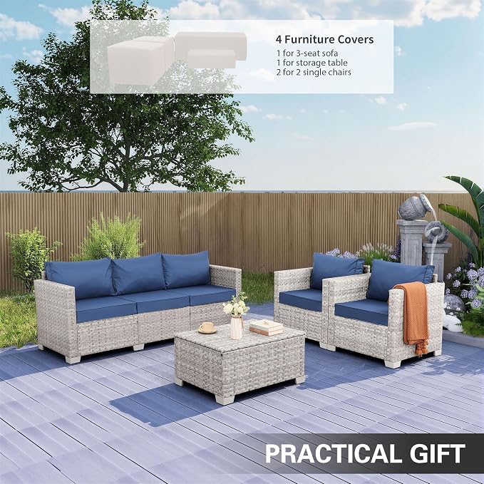 WAROOM Patio Furniture Set 4 Piece Outdoor Wicker Conversation Sets PE Rattan Couch Sectional Sofa with Storage Table, Navy Blue Cushion