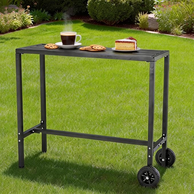 GarveeHome 39 Inch Outdoor Bar Table, Counter Height Table with Wheels & Adjustable Leveling Feet, Portable Black Bar Table for Kitchen, Patio, Balcony, Home Bar