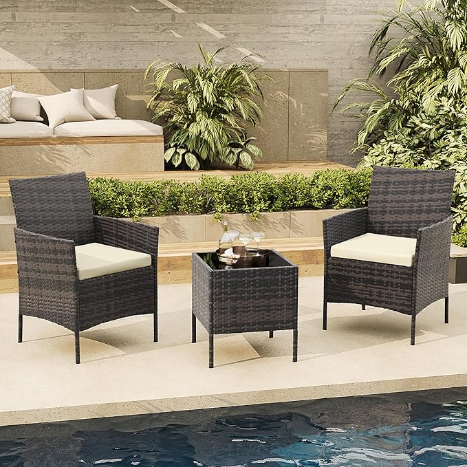 PeakPursuit 3 Pieces Patio Furniture Set, PE Rattan Wicker Patio Set with Soft Cushion and Glass Coffee Table, Upgraded Outdoor Patio Chairs and Table for Garden Poolside Balcony,White