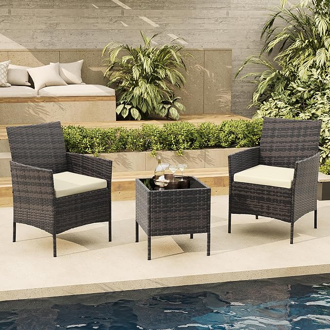 3-Piece Outdoor Patio Conversation Set – PE Rattan Wicker, Water-Resistant Cushions, Tempered Glass Table – All-Weather Garden Furniture – Brown Four-Strand Vine/Creamy-White Cushion