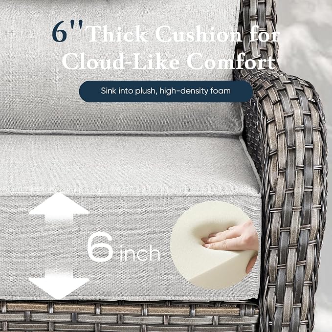 Belord Luxury 6" Thick Cushioned 6 Pieces Patio Furniture Set with Outdoor Couch, Wicker Outdoor Conversation Set with High Back Swivel Rocker Chairs for Deck Porch Yard and Poolside - Grey+Blue