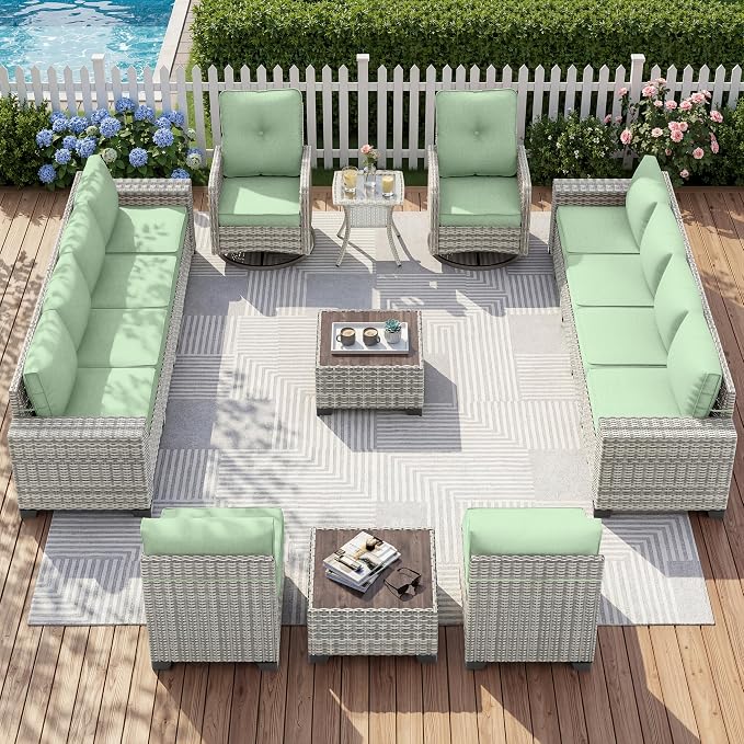 15-Piece Outdoor Patio Furniture Set with Rocking Swivel Chair Wicker Sectional Sofa Set, Patio Conversation Set with Thickened Cushions & Coffee Table for Garden, Backyard, Light Green