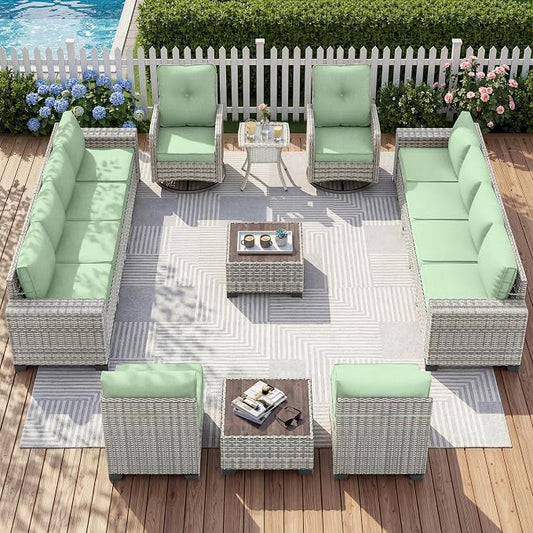 15-Piece Outdoor Patio Furniture Set with Rocking Swivel Chair Wicker Sectional Sofa Set, Patio Conversation Set with Thickened Cushions & Coffee Table for Garden, Backyard, Light Green