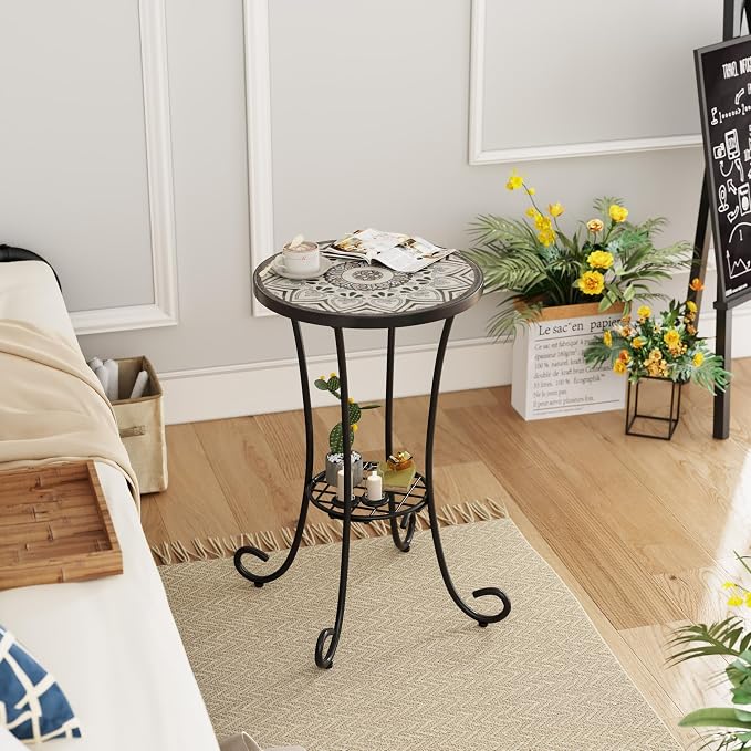 Christopher Knight Home Glady Outdoor Round Side Table, Patio Bistro Table with Ceramic Top and Metal Frame, Small Decorative Accent Table for Patio Garden Porch Balcony, Bohemia