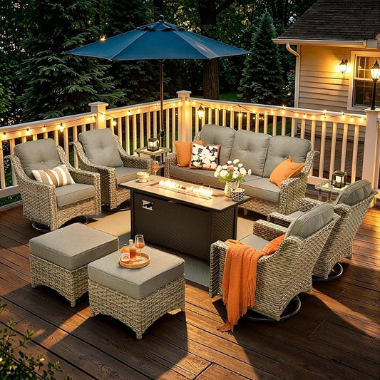 10 Piece Patio Furniture Set with Fire Pit Table, Outdoor Wicker High Back Sofa and Swivel Rocker Chairs Set of 4 with Ottoman, Large Conversation Sets for Backyard Deck Garden, Dark Gray