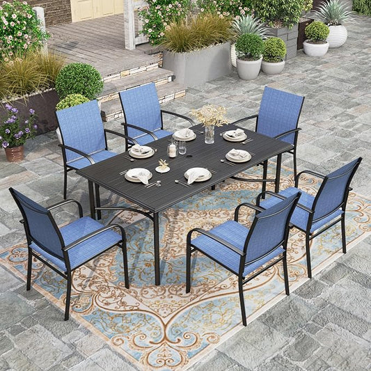 HERA'S HOUSE 7pc Outdoor Patio Dining Set, 6 Textilene Chairs, Blue | 67" rectangular metal table with umbrella hole. Waterproof, rust-resistant, all-weather for backyard, porch
