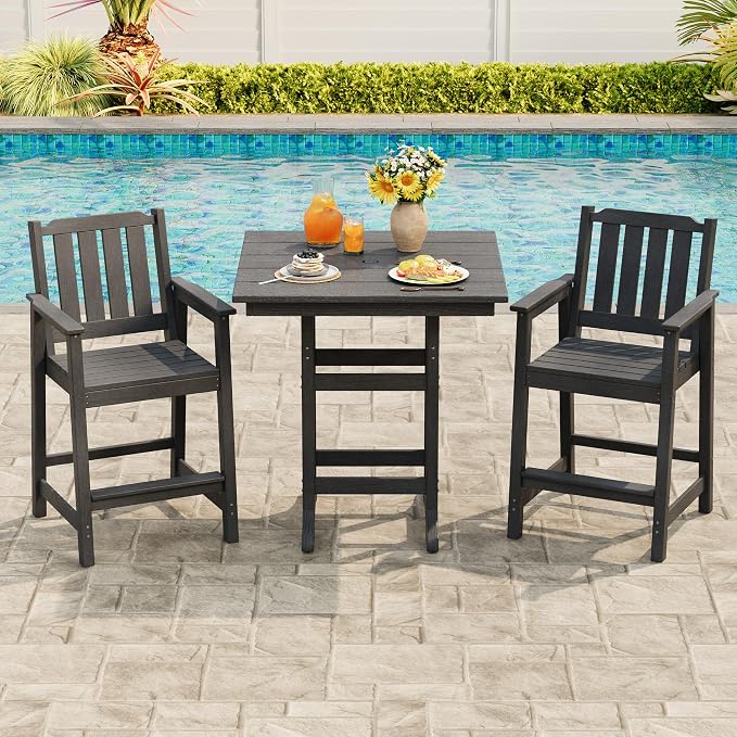 GAOMON Square Outdoor Bar Height Table, Patio Tall Side Bistro Table with Umbrella Hole, Weather Resistant High Top Dining Table for Backyard, Garden, Deck, Porch, Dark Gray