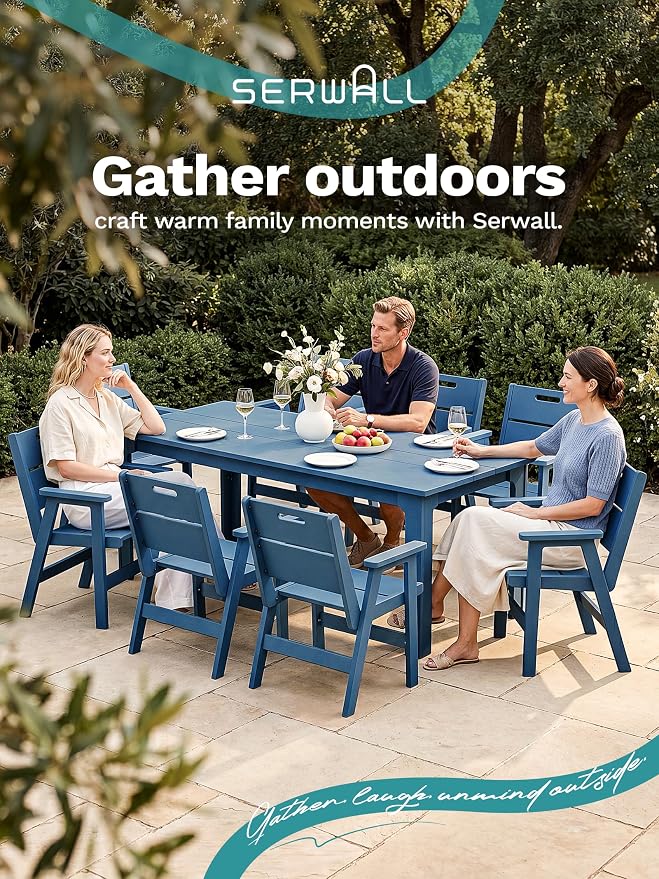 SERWALL 76" HDPE Outdoor Dining Set, 10 Pieces Patio Furniture with Rectangular Table, 8 Chairs & 1 Umbrella (Base Not Included), All-Weather Outdoor Dining Set for Backyard Deck Balcony, Blue