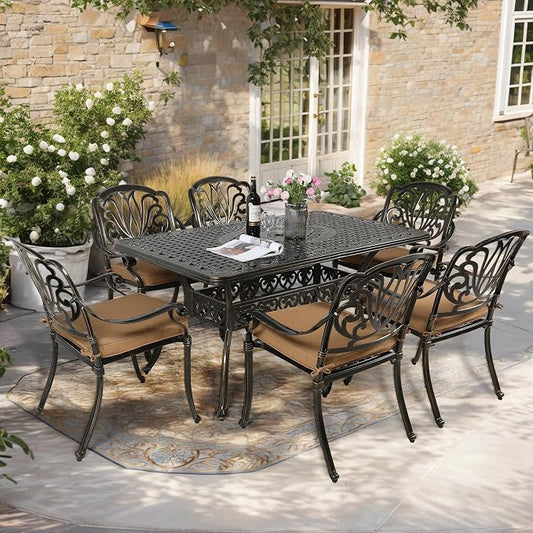7-Piece Outdoor Patio Dining Set, 60” Rectangular Cast Aluminum Dining Table with Umbrella Hole and 6 Outdoor Dining Cushioned Chairs, Patio Funiture Set for Backyard, Patio, Garden