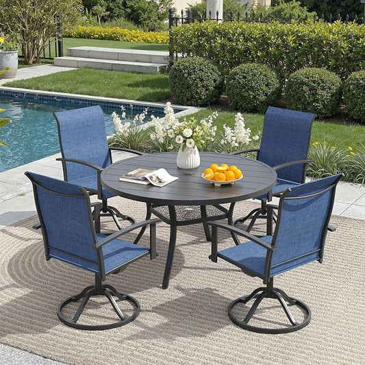 5 Pieces Outdoor Patio Dining Set, 40.6" All Weather Round Metal Table with Umbrella Hole and Storage Shelf, 4 High Back Textilene Swivel Chairs for Garden, Lawn, Black Table & Blue Chairs
