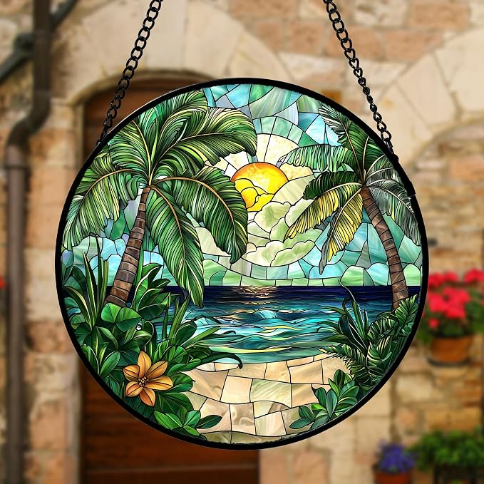 DASTOLL Stained Glass Window Hanging, Green Beach Scenery Suncatcher Diamond Glass Panel Hangings Sun Catchers Decor for Birthday for Women, Men, Wife, Aunt, and Mom 6.3 in