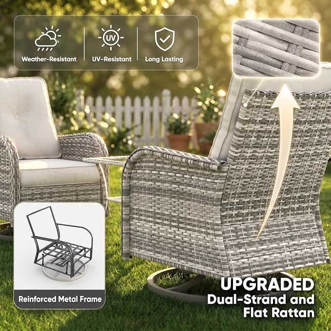 5-Piece Small Patio Furniture Set, Outdoor Swivel Rocking Chairs Set with Ottomans, Patio Bistro Set for Balcony, Deck, Porch,Ivory