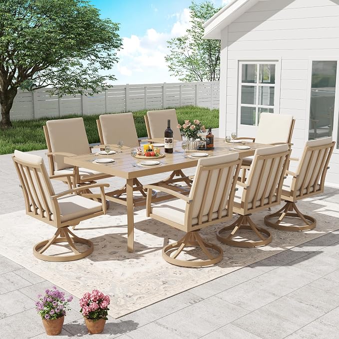 HAPPATIO Outdoor Dining Table for 8, Aluminum Rectangle Outdoor Dining Table with Umbrella Hole, All-Weather Aluminum Patio Dining Table for Garden Yard Poolside, Only Table, Beige