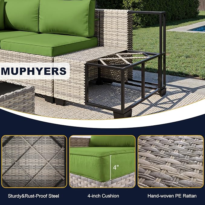 13-Piece Outdoor Patio Furniture Set with Rocking Swivel Chair, Wicker Rattan Sectional Sofa Conversation Set with Tempered Glass Table, Backyard Furniture, Avocado Green