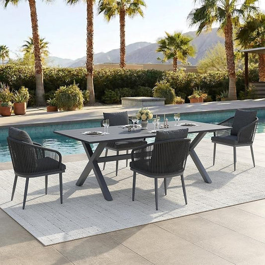 5-Piece Patio Dining Table Sets, Woven Wicker Dining Set with Rectangular Aluminum Table and Dining Chairs Modern Outdoor Dining Furniture Set for Outdoors and Indoors