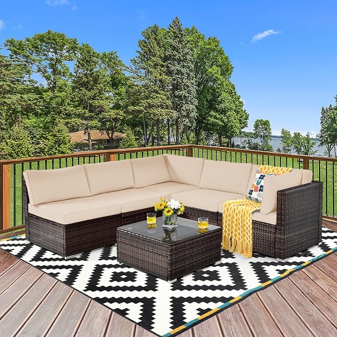 Tangkula 6 Pieces Patio Furniture Set, Outdoor Wicker Conversation Set with Glass Coffee Table, Wicker Sofa Set with Back & Seat Cushions, Rattan Sectional Conversation Set for Backyard Garden