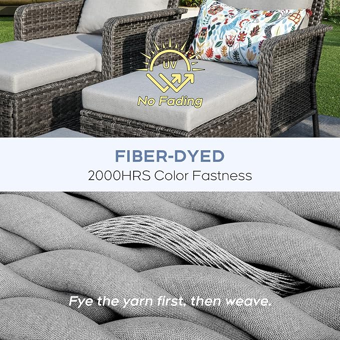 Yechen Patio Furniture Set 6 Peices with 44" Propane Gas Fire Pit Table -2 Wicker Swivel Rocking Chair, Outdoor Sectional Furniture Set with-4.3'' Cushion Conversation Sofa Set for Porch,Backyard