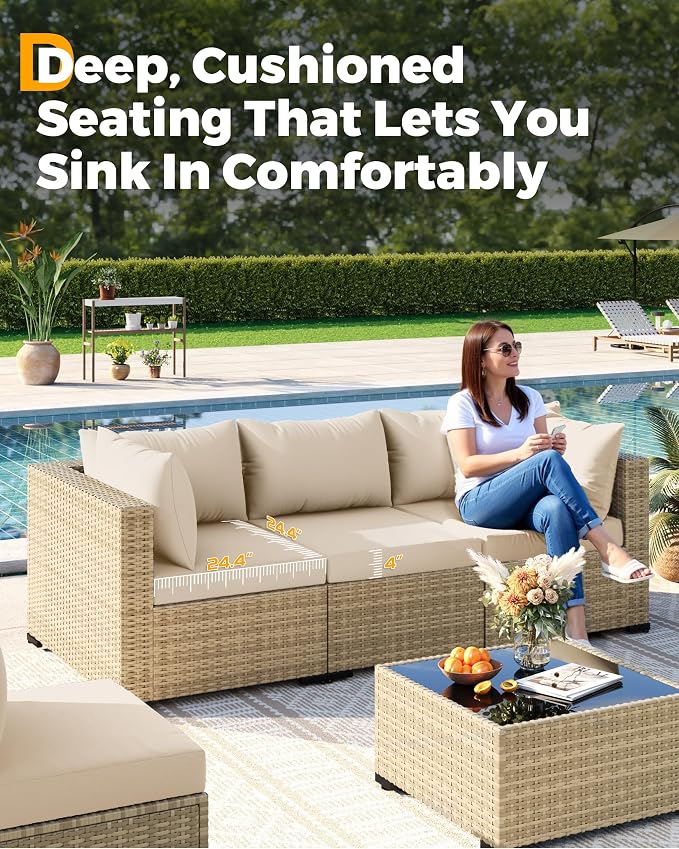 UDPATIO Furniture Set with Fire Pit Table, 8 Piece Sectional Sofas, All-Weather Wicker Conversation for Garden, Backyard, Yellow/Beige