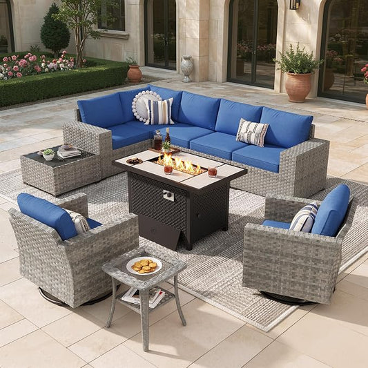 10 Pieces Outdoor Patio Sectional, Wicker Patio Furniture Set with 42 inch Fire Pit Table, All-Weather L Shaped Patio Conversation Set with Swivel Chairs, for Backyard Porch Yard,Navy Blue