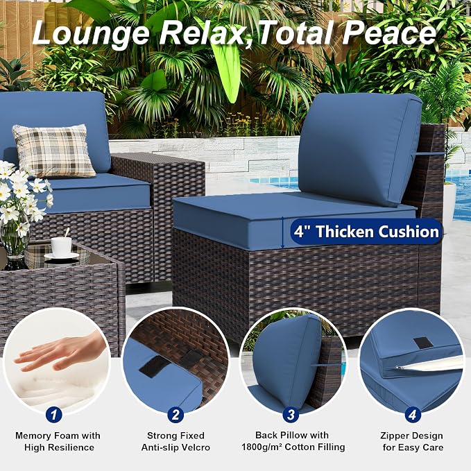 Outdoor Patio Furniture Set with Gas Fire Pit Table, 7 Pieces Patio Furniture Set Outdoor Sectional Sofa w/43in Propane Fire Pit, PE Wicker Rattan Patio Conversation Set - Dark Blue