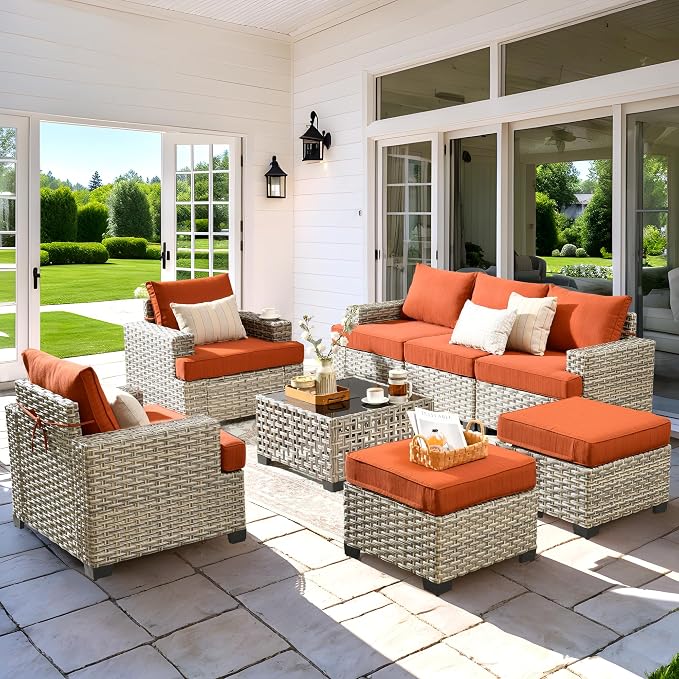 8 Pcs Outdoor Sectional Patio Furniture Set with Ottomans - All Weather Wicker Modular Outside Sectional Couch,Patio Seating Outdoor Conversation Sets for Deck Yard Garden,Orange Red