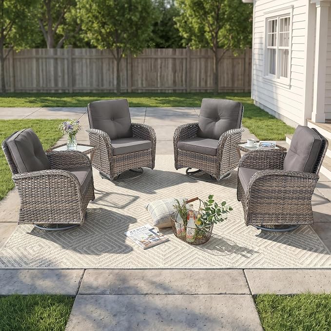 Outdoor Swivel Glider Rocker Chairs Set of 4 - Wicker Patio Furniture Set All Weather Patio Conversatio Sets with 2 Tempered Glass Side Table for Deck Backyard - Brown Wicker Grey Cushion