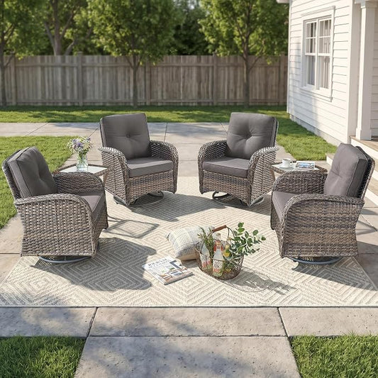 Outdoor Swivel Glider Rocker Chairs Set of 4 - Wicker Patio Furniture Set All Weather Patio Conversatio Sets with 2 Tempered Glass Side Table for Deck Backyard - Brown Wicker Grey Cushion
