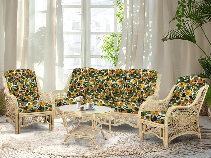 Malibu Lounge Set of 4: 2 Natural Rattan Wicker Chairs, Three-Seater Sofa with Cushions and Coffee Table with Glass Handmade, Natural Color