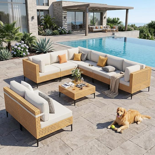 Restland 9 Piece Patio Furniture Wicker Modular Design Outdoor Sectional with Thick Cushion Large Patio Set Modern Boho Outdoor Conversation Set for Backyard, Porch