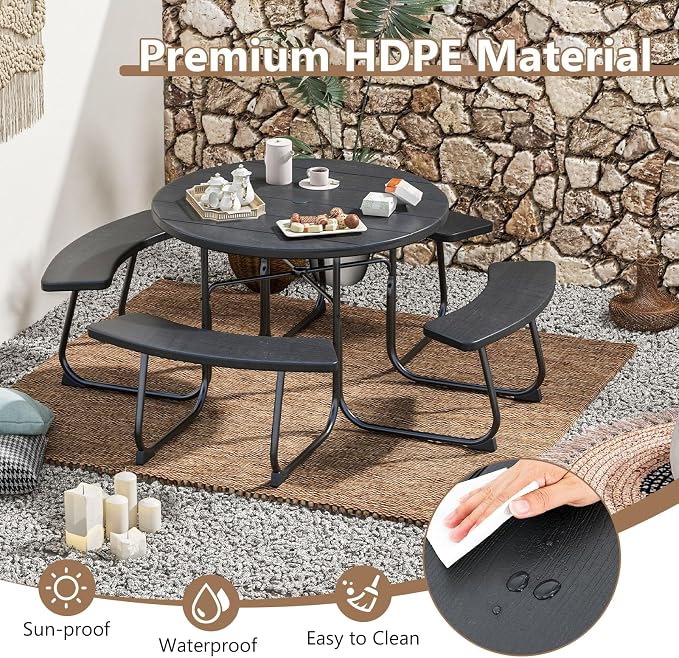 Moccha Picnic Table Bench Set - Outdoor Table and Chairs with Umbrella Hole, HDPE Tabletop & Metal Frame, Dining Table Set, Outdoor Camping Table for Garden Backyard Porch Patio Table Set (Black)