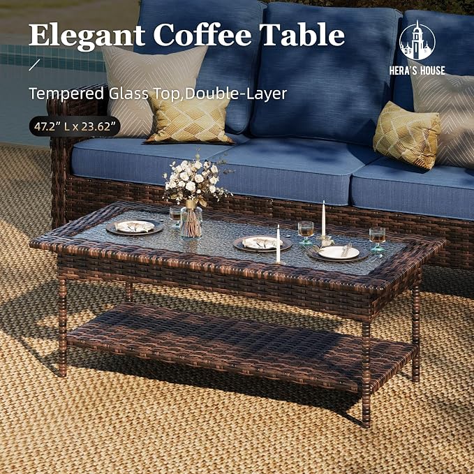 HERA'S HOUSE Patio Furniture Set, 6 Pieces Outdoor Wicker Conversation Sets, 4 x High Back Swivel Chairs with 5.5" Thick Cushions for Lawn Deck Backyard, Peacock Blue