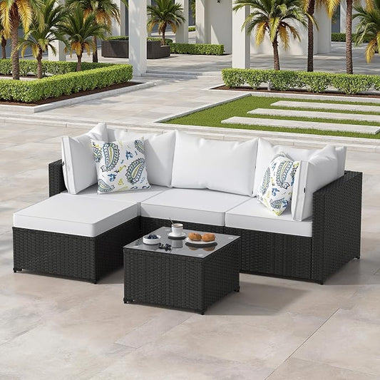 Patio Furniture Set, 5PCS Patio Sectional with Ottoman Wicker Rattan Outdoor Furniture with Thickened Cushion Modular Wicker Patio Conversation Set with Glass Top Table for Balcony, Backyard(White)