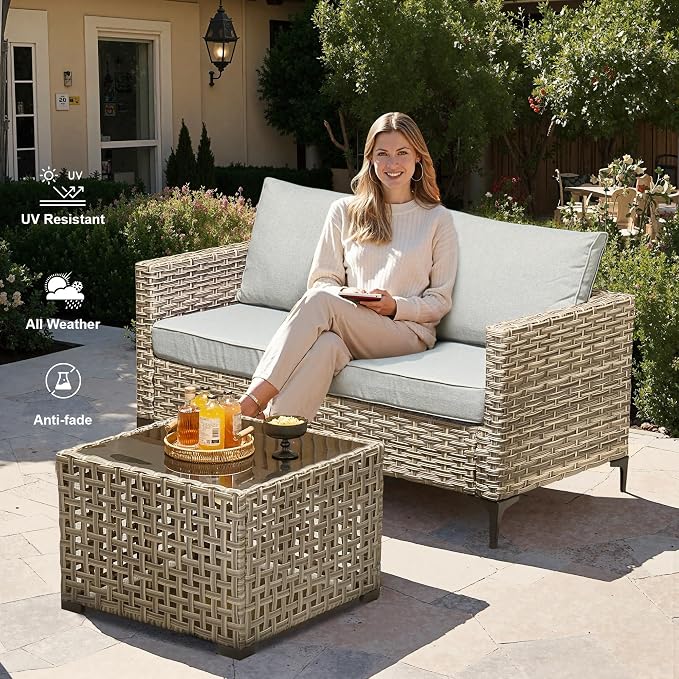 Outdoor Patio Furniture Sets,11 PCS Patio Conversation Set Outside Rattan Sectional Sofa with 54 in Fire Pit Table Wicker Rocking Chair Coffee Table Fit Backyard Porch Garden Poolside Balcony