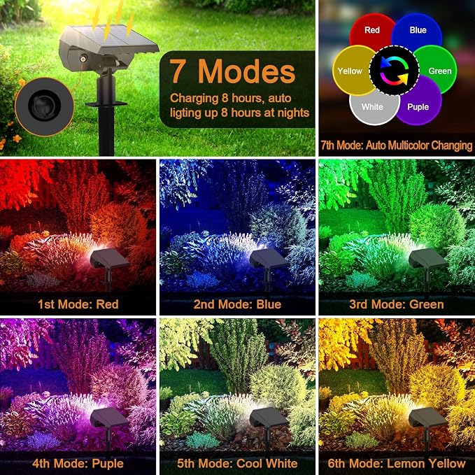 Solar Color Changing Spot Lights Outdoor, IP68 Waterproof, 2 Pack | RGB Multicolor, 7 Lighting Modes, Solar Halloween Christmas Spotlight for Landscape Yard Garden Walkway Patio Decorations