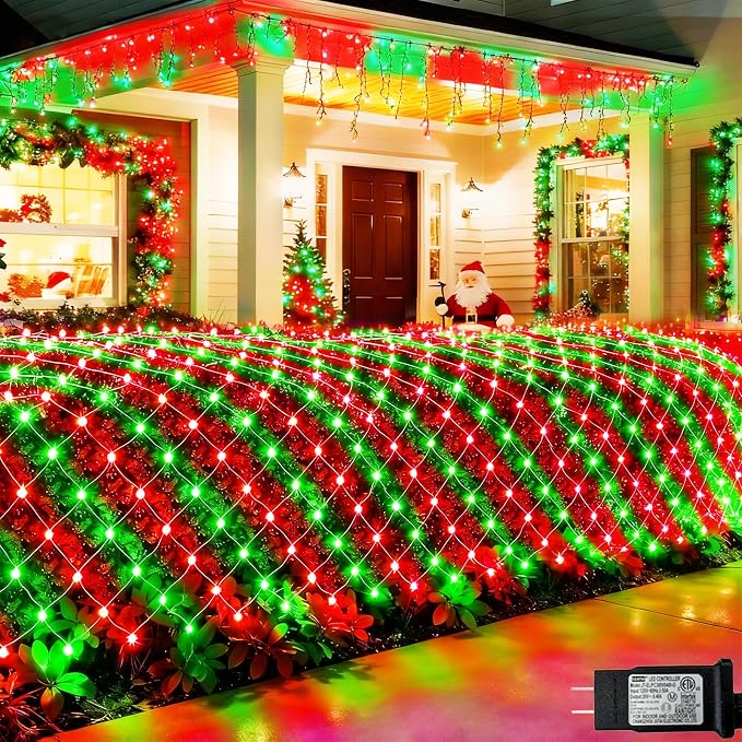 Pooqla Red and Green Christmas Net Lights Outdoor, 15x 5ft Green Wire | 300 LED Large Net Mesh Lights Plug in, 8 Modes Waterproof Connectable Bushes Lights for Christmas Hedge Yard Decor