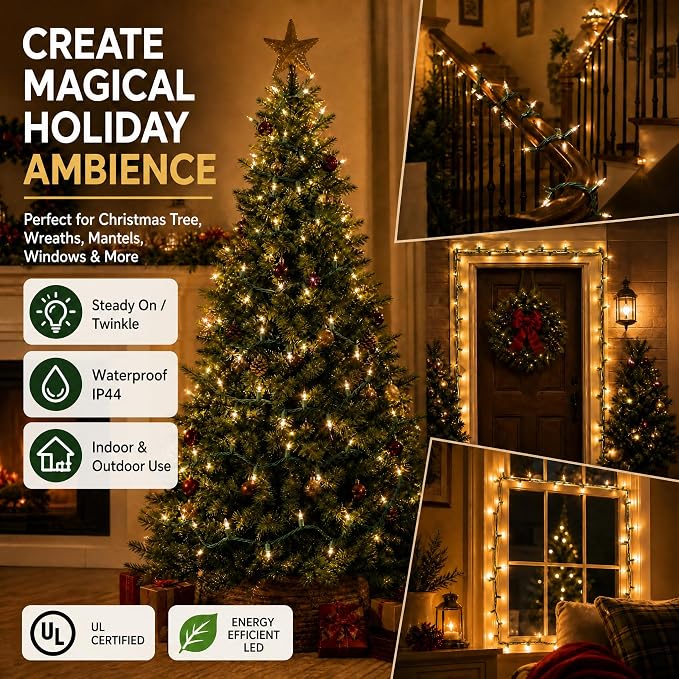 Warm White Christmas Lights, 2 Pack Total 40FT 200 Count Incandescent Christmas Mini Tree String Lights, Waterproof Christmas Decorations for Outdoor Indoor Xmas Patio Home Party Garden Yard Decor