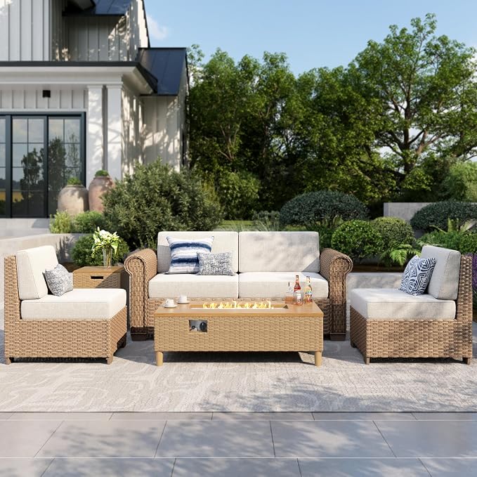 MIXPATIO Patio Furniture Set, Sectional Wicker Outdoor Furniture Set with Fire Pit Table, Modular Sofa Set with 5.5" Thick Waterproof Cushion for Garden Deck Backyard, Beige
