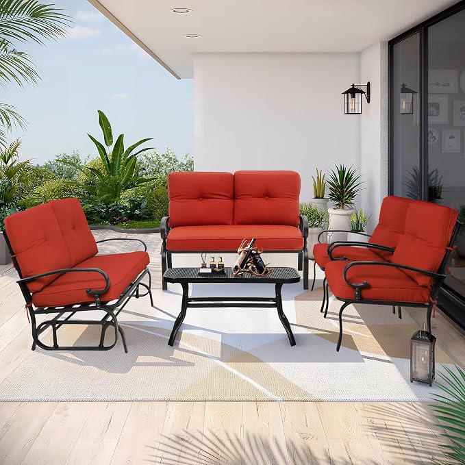 5 Pcs (6 Seats) Metal Outdoor Patio Furniture Conversation Sets, Glider, Loveseat and Coffee Table, 2 Lounge Chairs with Cushions (Red)
