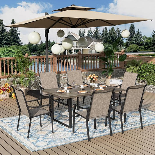 MIXPATIO 7 Pieces Patio Dining Set, 6 Person 64" Rectangle Wood-Like Table and Textilene Chairs, with 1.62"-2" Umbrella Hole, Outdoor Patio Table and Chairs, for Garden Lawn Porch Backyard Poolside