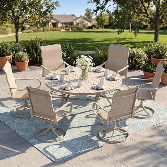 7 Pieces Patio Dining Set, 6 Outdoor Swivel Dining Chairs with 50.1" Round Metal Outdoor Dining Table with Umbrella Hole for Garden Backyard Deck, Sandshell